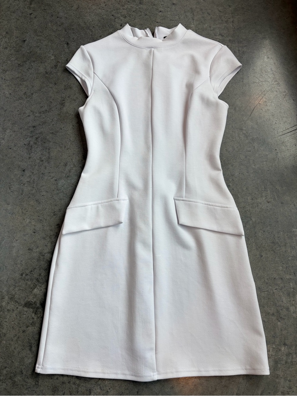 White Cap-Sleeve Mini Sheath Dress with Flap Pockets